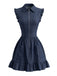 Robe Bleu Marine Denim Manches à Volants Zip Devant Ligne A Années 1980 2