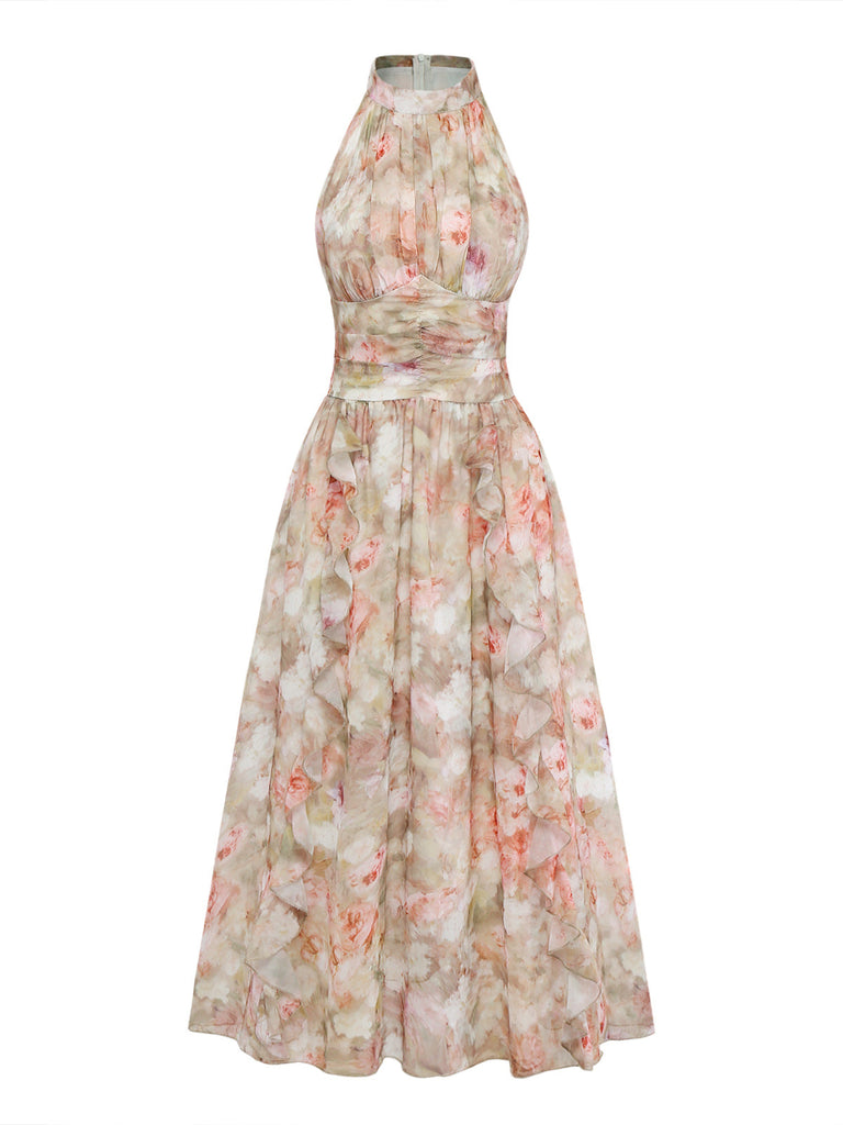 Robe Longue Vert Jaune Aquarelle Florale Dos-Nu Années 1940 3