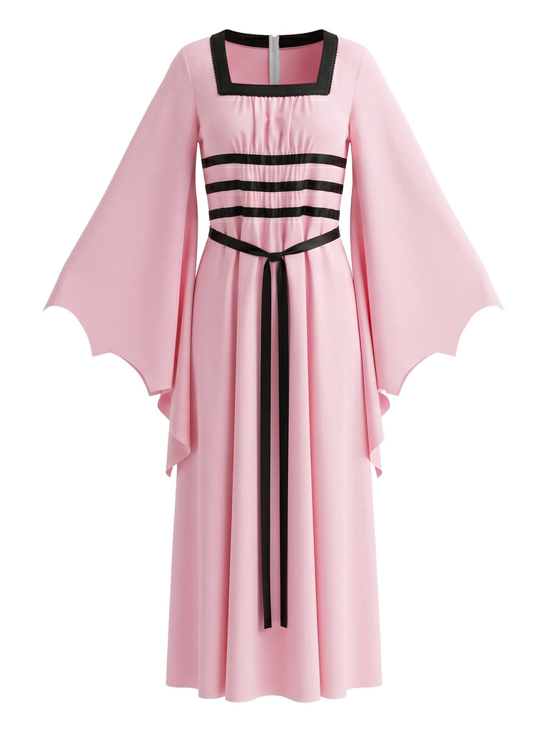 Robe Rose Gothique Col Carré Chauve-Souris Manches Noué Années 1980