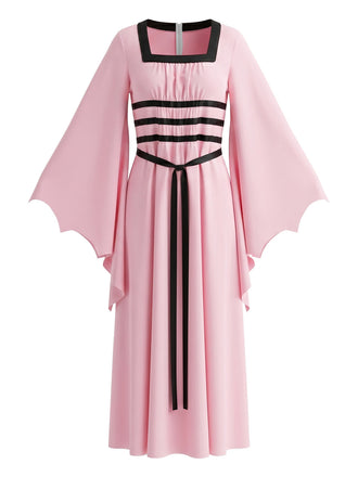 Robe Rose Gothique Col Carré Chauve-Souris Manches Noué Années 1980