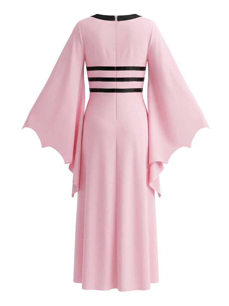 Robe Rose Gothique Col Carré Chauve-Souris Manches Noué Années 1980 2