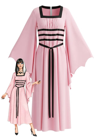 Robe Rose Gothique Col Carré Chauve-Souris Années 1980