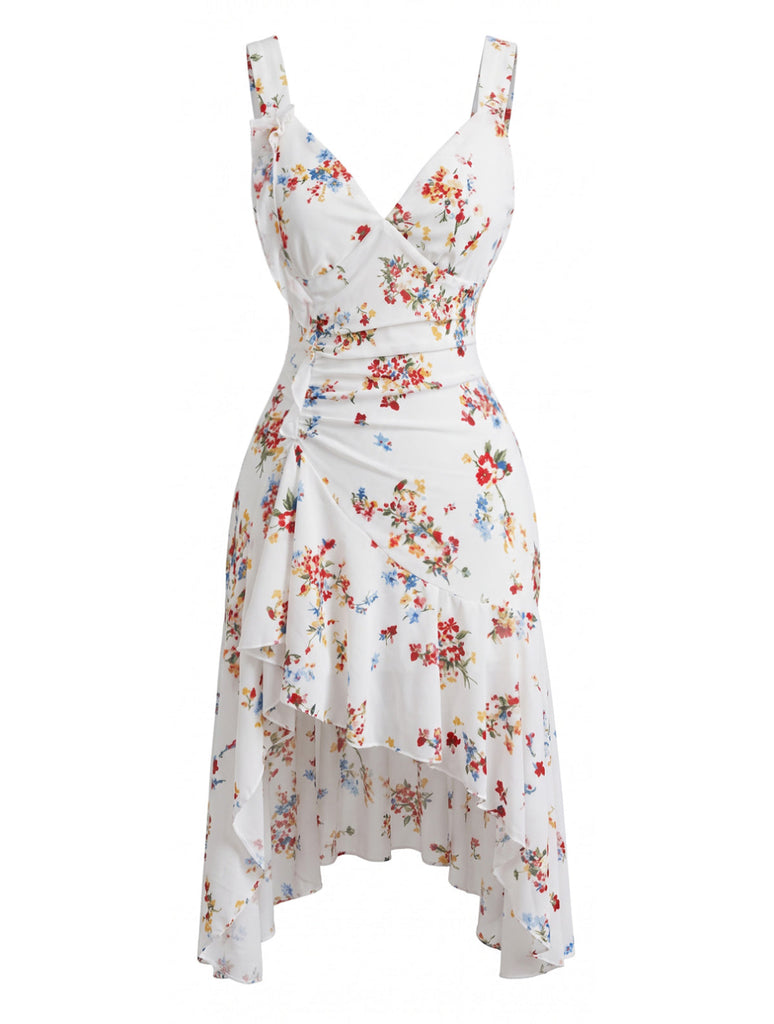Robe Blanc Petites Fleurs Col V Asymétrique Ourlet Années 1960 2