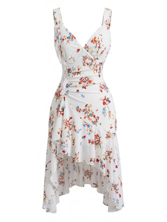 Robe Blanc Petites Fleurs Col V Asymétrique Ourlet Années 1960 2