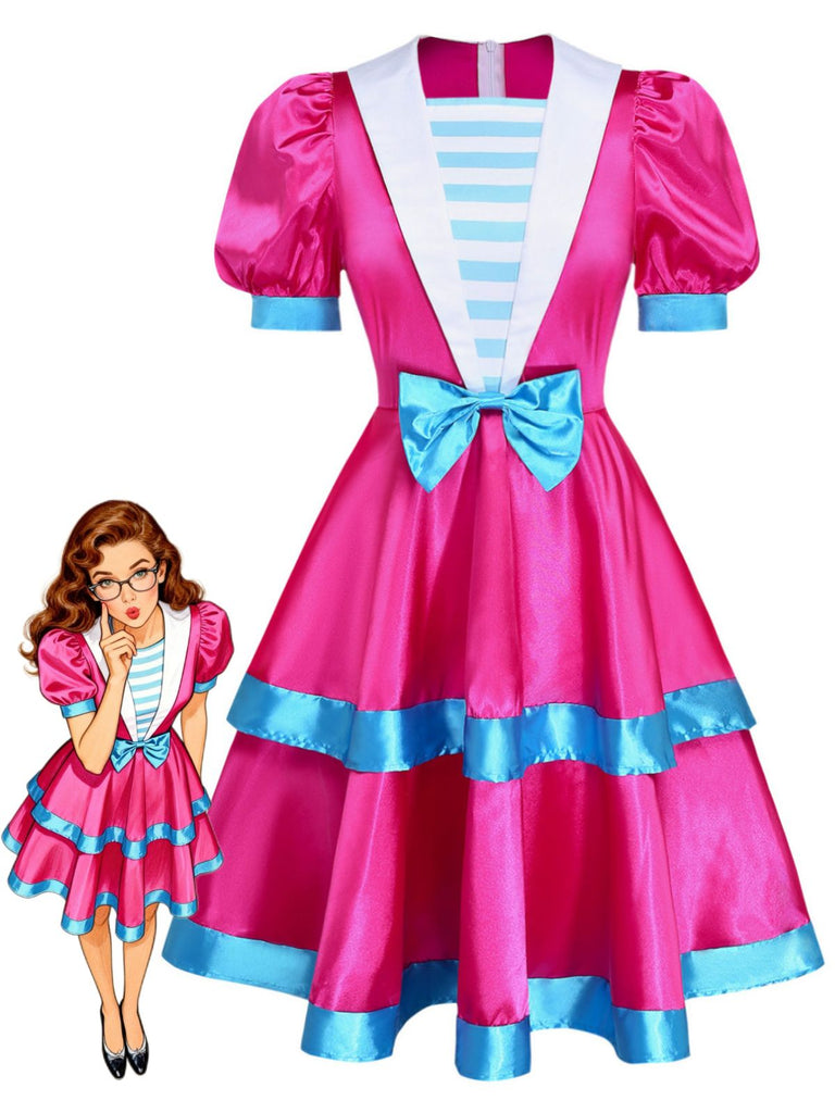 Robe cosplay Halloween rose à manches bouffantes et revers blanc Années 1960