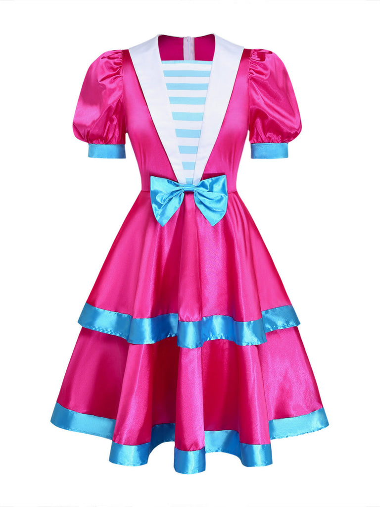 Robe cosplay Halloween rose à manches bouffantes et revers blanc Années 1960