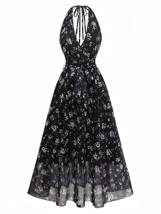 Robe Noir Floral Dos Nu Dos Nu Midi Années 1970 2