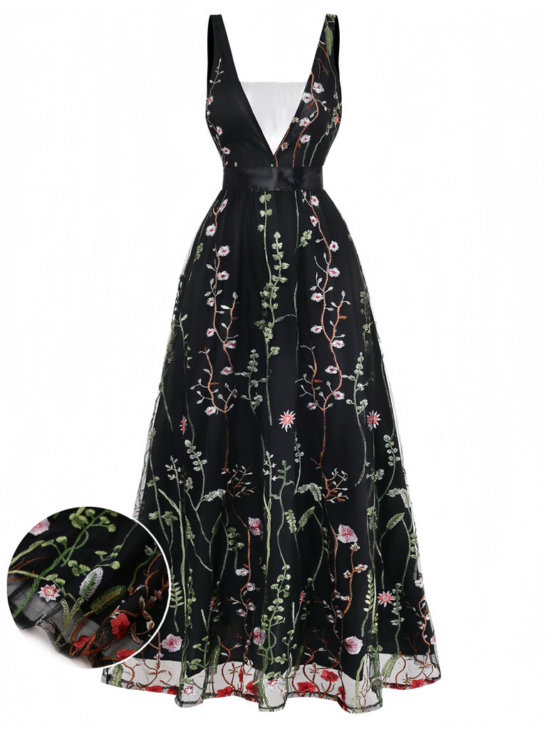 Robe Noir Col V Floral Brodé Tulle Long Années 1930