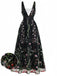 Robe Noir Col V Floral Brodé Tulle Long Années 1930