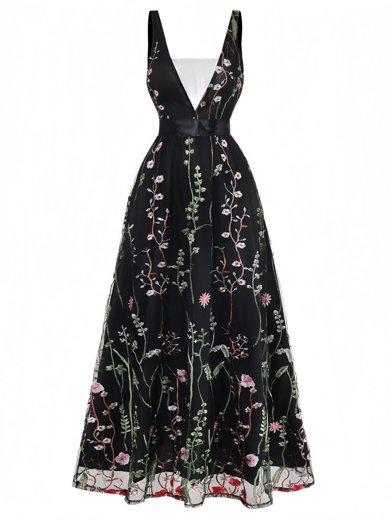 Robe Noir Col V Floral Brodé Tulle Long Années 1930 2