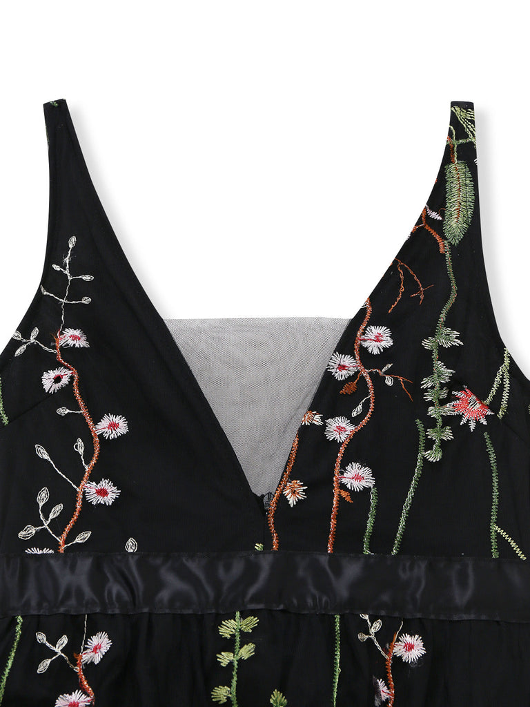 Robe Noir Col V Floral Brodé Tulle Long Années 1930 4