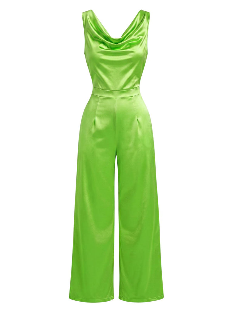 Combinaison Satin Col Drapé Sans Manches Ceinturé Jambes Larges Années 1960 4