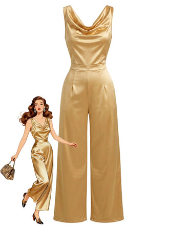 Combinaison Satin Col Drapé Sans Manches Ceinturé Jambes Larges Années 1960