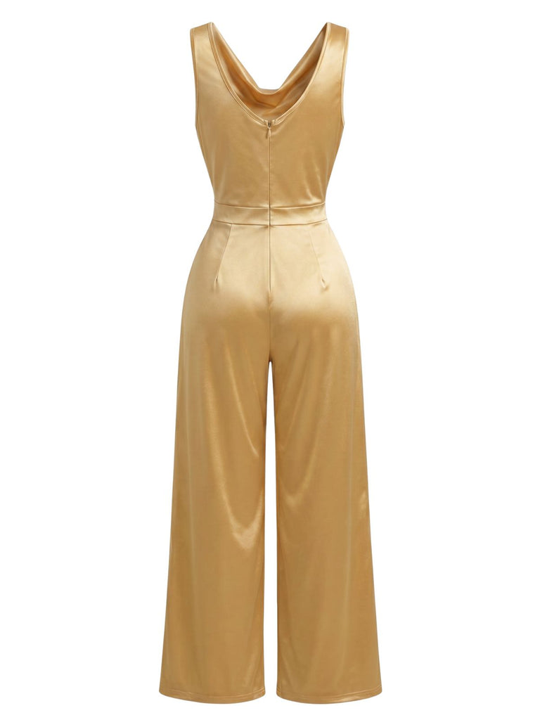 Combinaison Satin Col Drapé Sans Manches Ceinturé Jambes Larges Années 1960 3