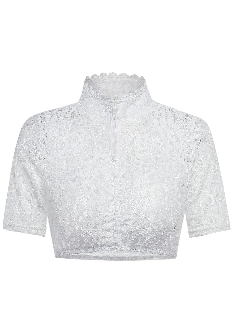 Top à Col Montant avec Trou de Serrure en Dentelle Florale Blanc Années 1950