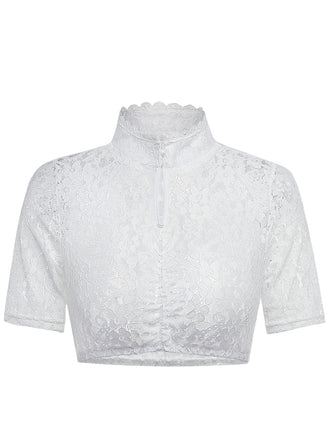Top à Col Montant avec Trou de Serrure en Dentelle Florale Blanc Années 1950
