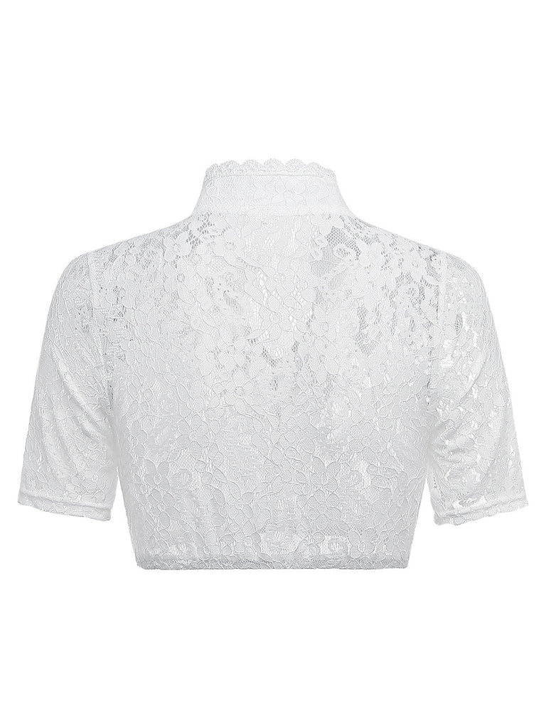 Top à Col Montant avec Trou de Serrure en Dentelle Florale Blanc Années 1950