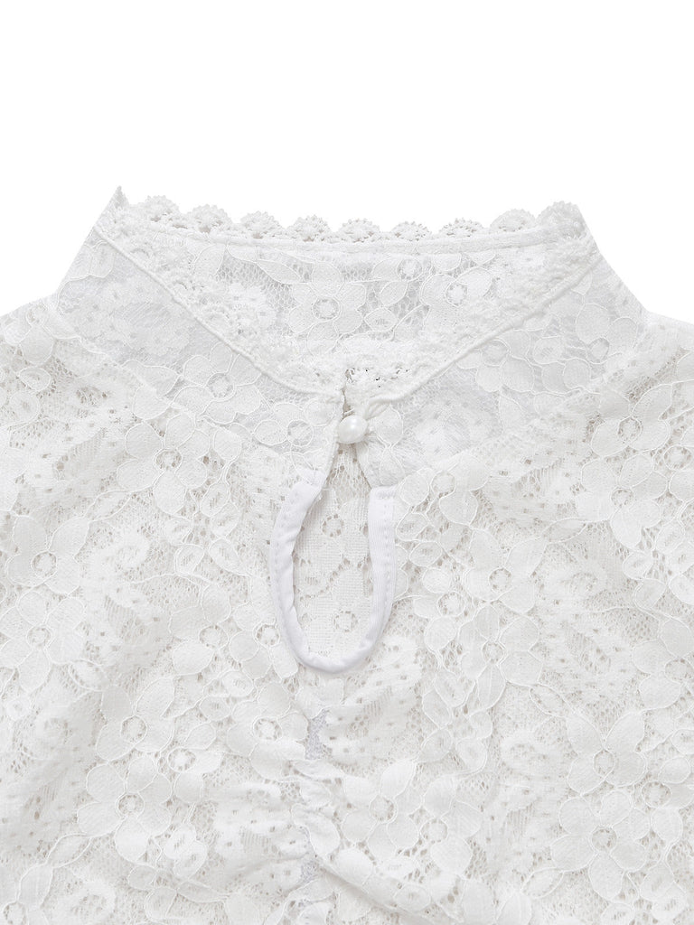 Top à Col Montant avec Trou de Serrure en Dentelle Florale Blanc Années 1950