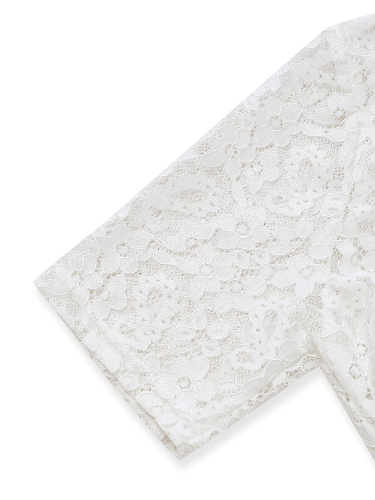 Top à Col Montant avec Trou de Serrure en Dentelle Florale Blanc Années 1950