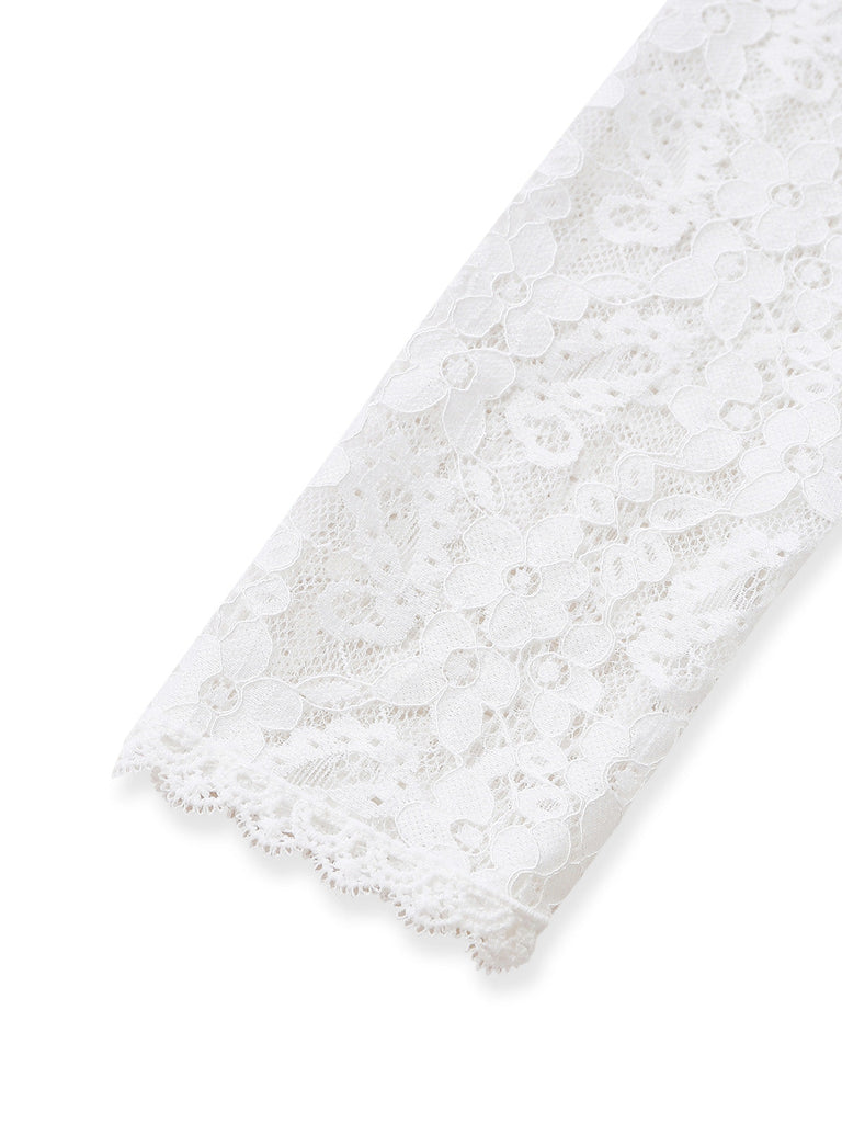 Haut Court Blanc Floral Dentelle Manches Longues Années 1950 4