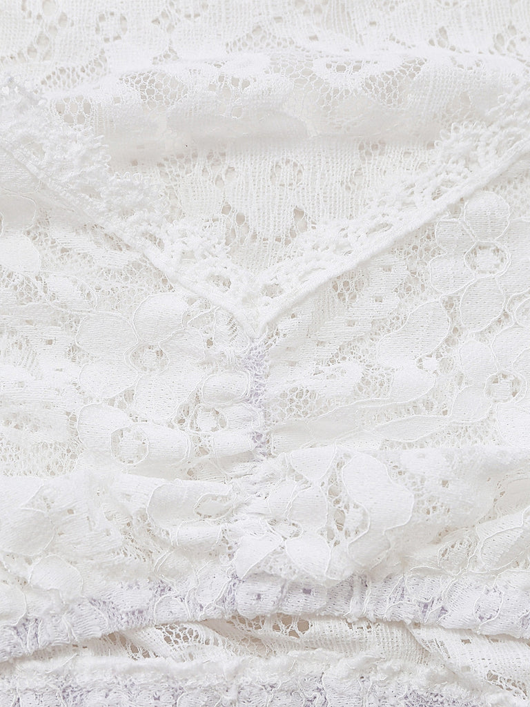 Haut Court Blanc Floral Dentelle Manches Longues Années 1950 5