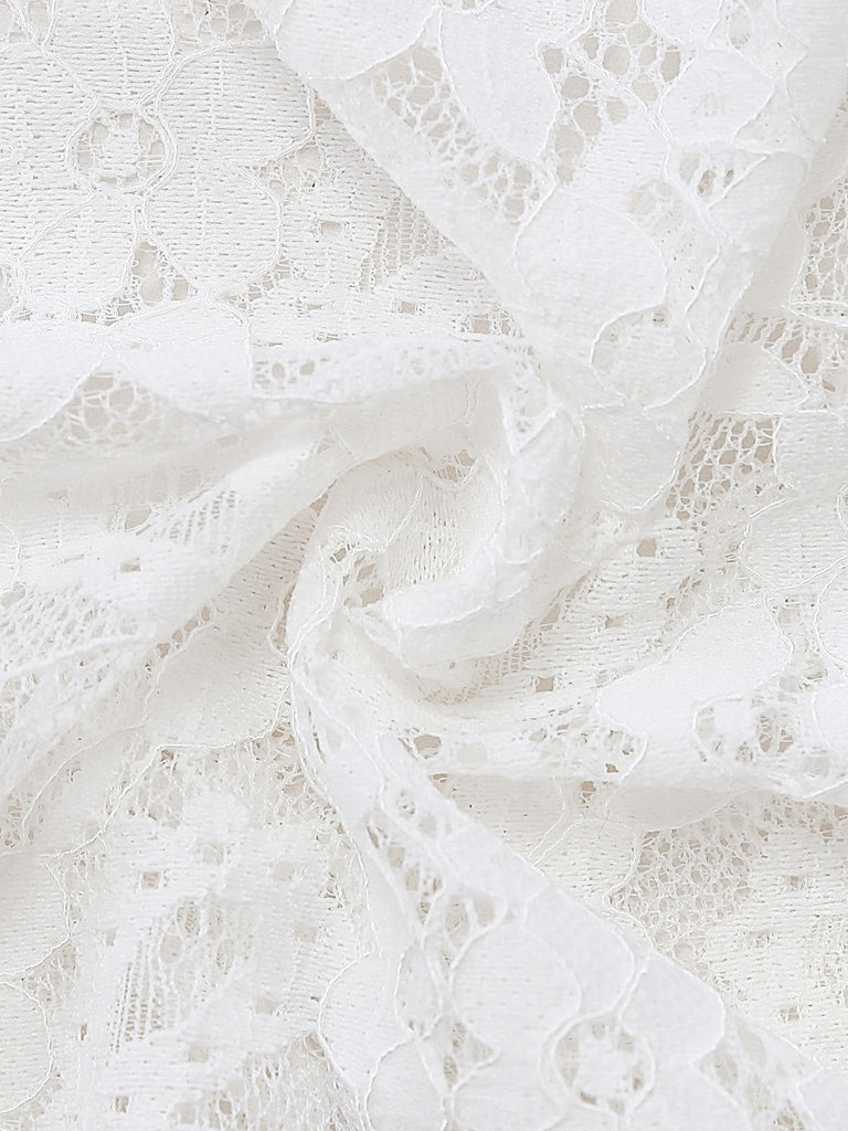 Haut Court Blanc Floral Dentelle Manches Longues Années 1950 6