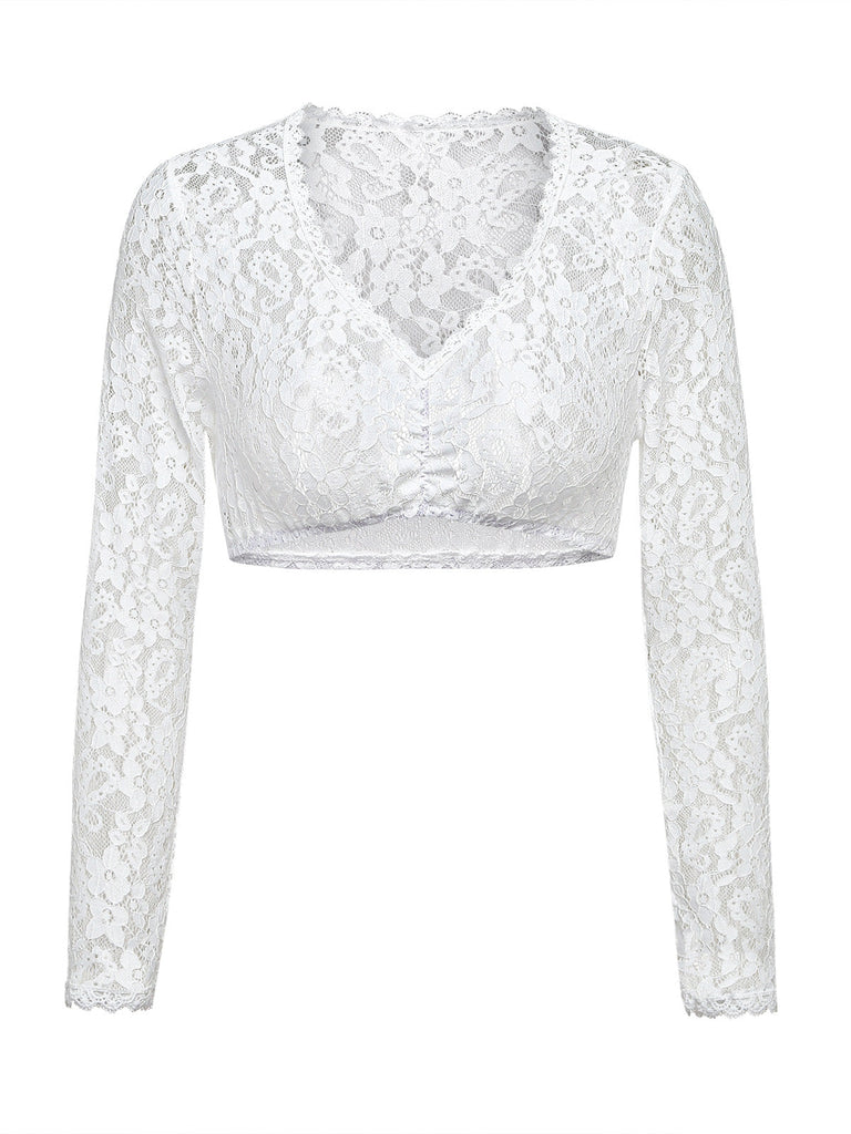 Haut Court Blanc Floral Dentelle Manches Longues Années 1950