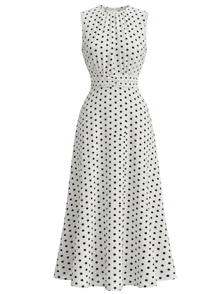 Robe Sans Manches à Pois Col Ras-du-Cou Froncé Années 1930 2
