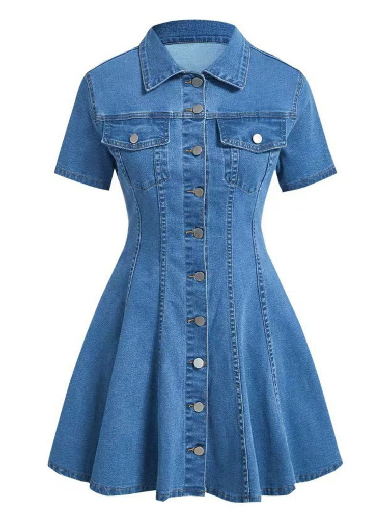 Robe Manches Courtes Boutonné Revers Denim & Bleu Années 1950 6