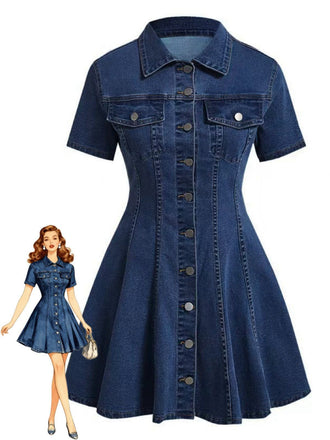 Robe Manches Courtes Boutonné Denim Bleu Années 1950