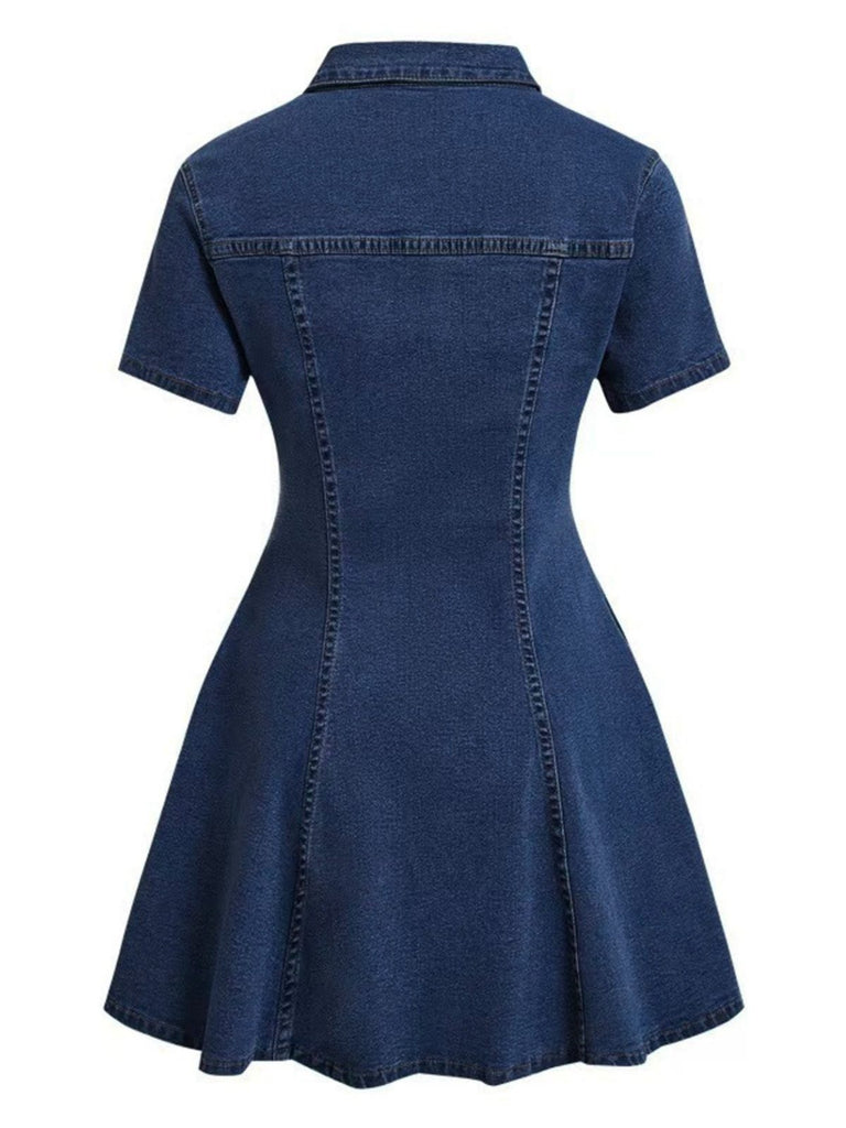 Robe Manches Courtes Boutonné Denim Bleu Années 1950