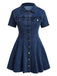 Robe Manches Courtes Boutonné Denim Bleu Années 1950
