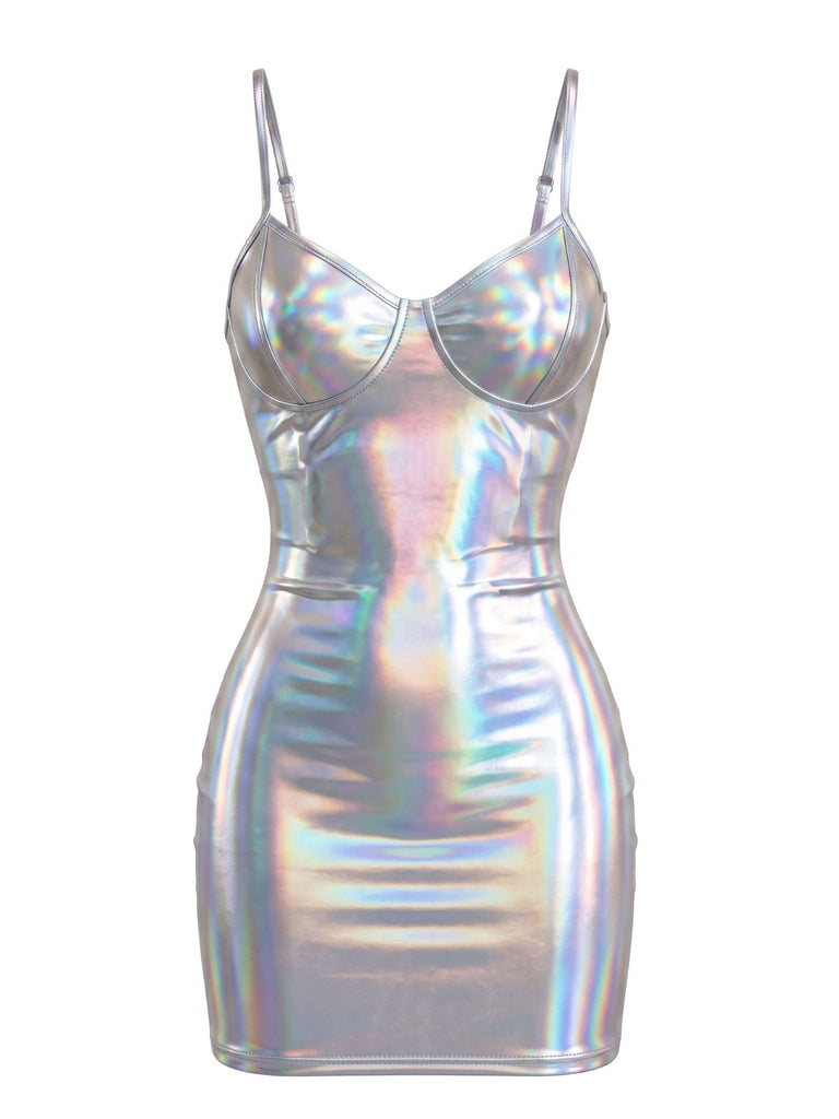 Robe Irisé Métallique Bretelles Fines Mini Années 1960 5