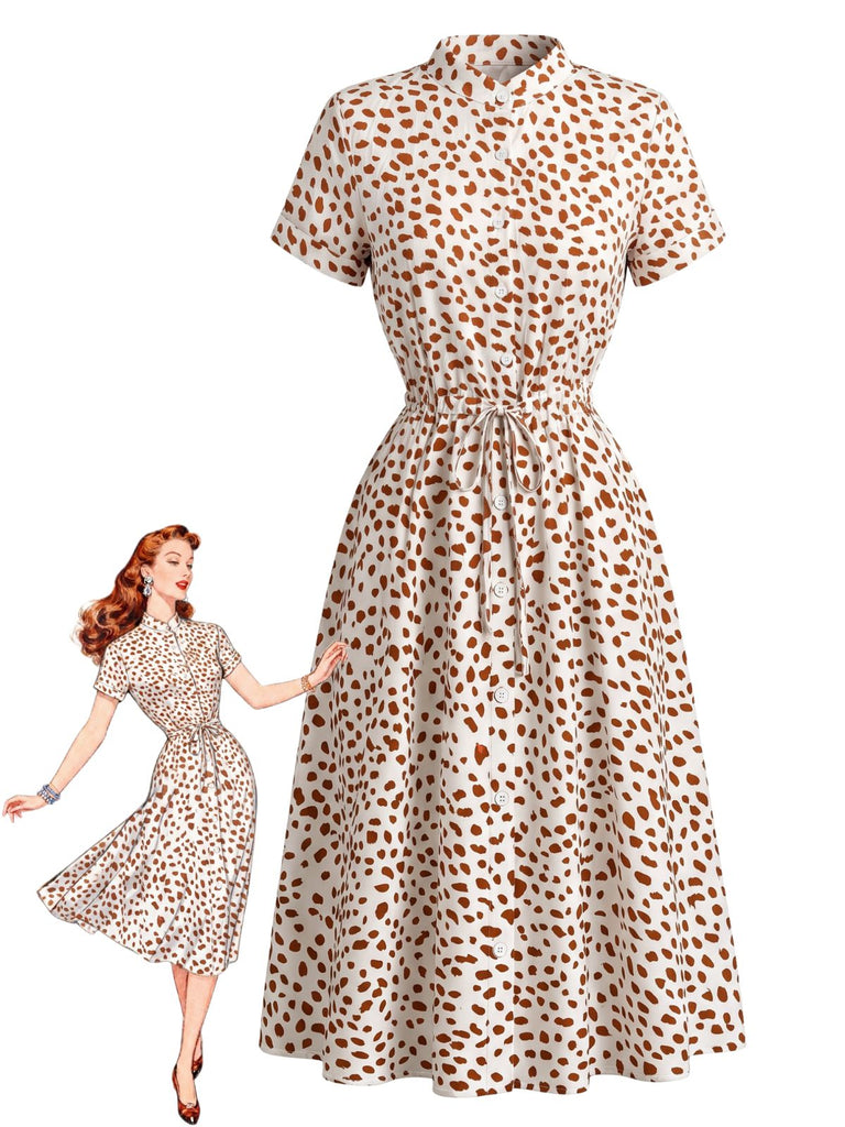 Robe Petites Fleurs Pois Ceinture Nouée Coton Chemise Années 1940