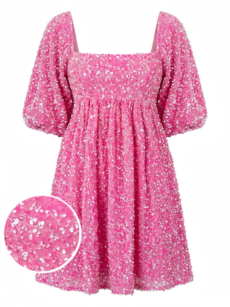 Robe Paillettes Col Carré Manches Bouffantes Noué Dos Nu Années 1960