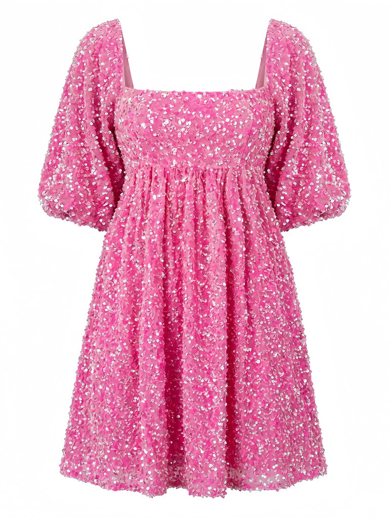 Robe Paillettes Col Carré Manches Bouffantes Noué Dos Nu Années 1960 2