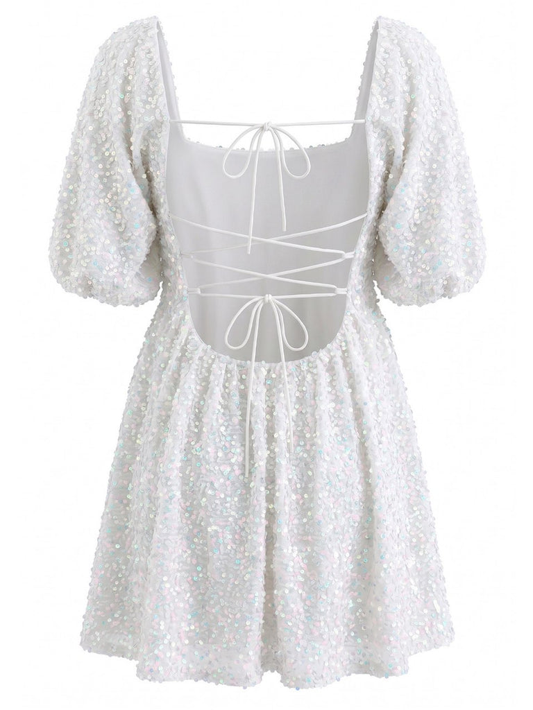 Robe Paillettes Col Carré Manches Bouffantes Noué Dos Nu Années 1960 5