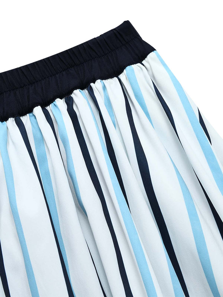 [Prévente] 2PCS Blouse Ajustée à Col Revers et Jupe à Rayures Verticales Bleu Années 1950