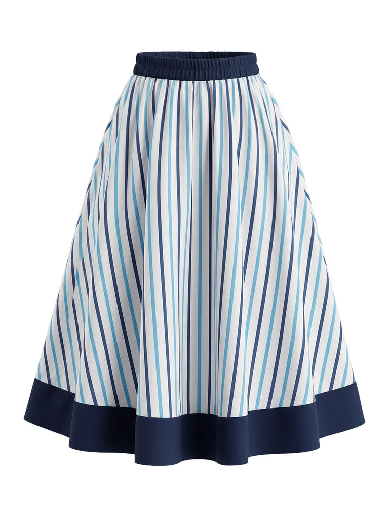 [Prévente] 2PCS Blouse Ajustée à Col Revers et Jupe à Rayures Verticales Bleu Années 1950
