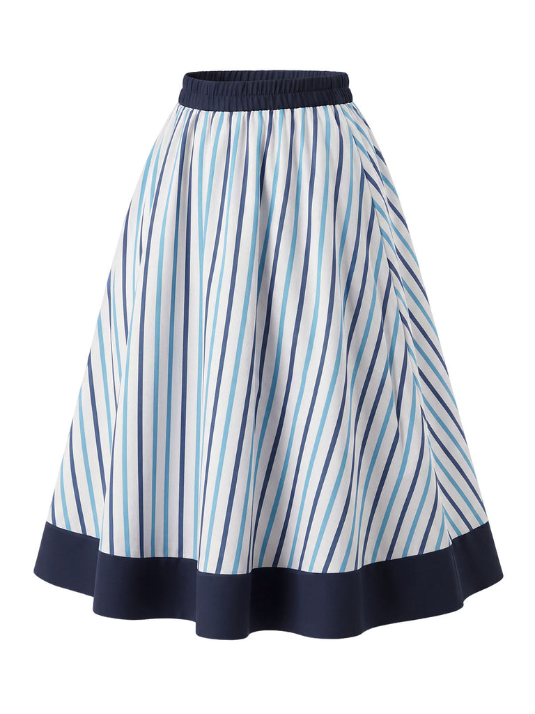 [Prévente] Jupe à Rayures Verticales avec Ourlet Contrasté Bleu Années 1950