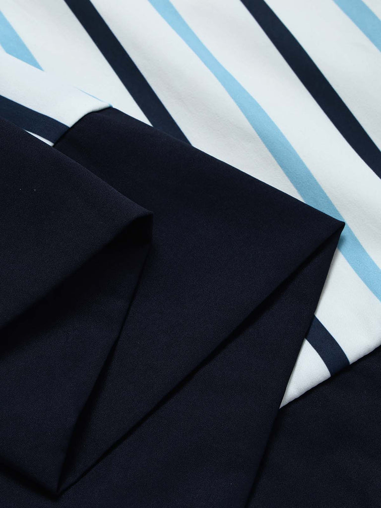 [Prévente] Jupe à Rayures Verticales avec Ourlet Contrasté Bleu Années 1950