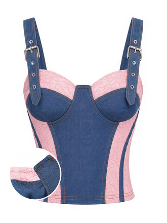 [Prévente] Corset Bleu Denim Dentelle Panneau Contrasté Années 1950