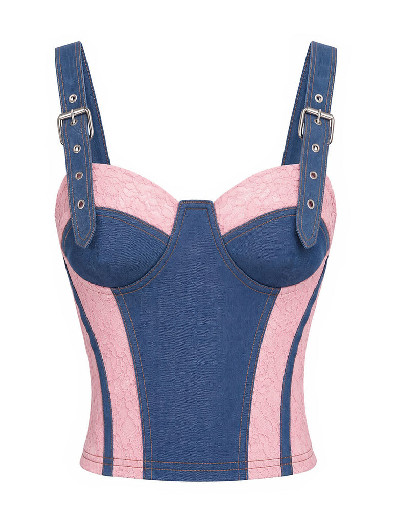[Prévente] Corset Bleu Denim Dentelle Panneau Contrasté Années 1950 2