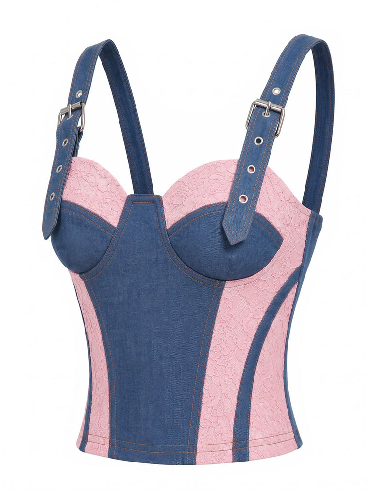 [Prévente] 2PCS Corset Denim Dentelle Bleu & Mini Jupe à Chaîne Années 1950 6