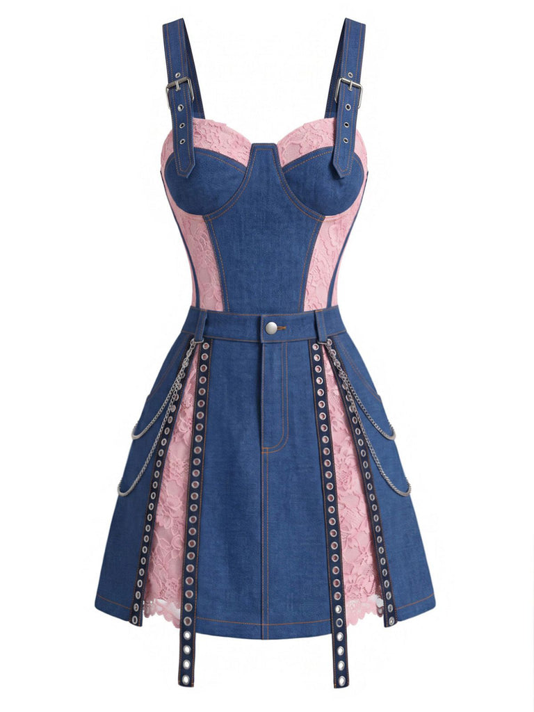 [Prévente] 2PCS Corset Denim Dentelle Bleu & Mini Jupe à Chaîne Années 1950 2