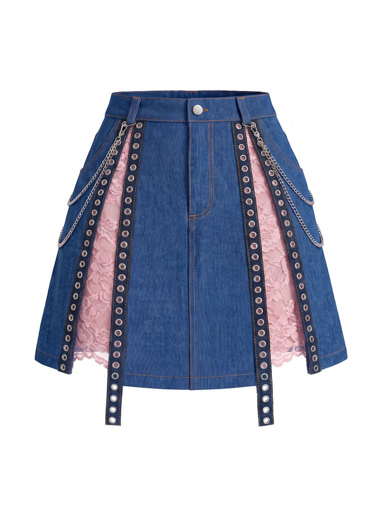 [Prévente] Mini Jupe Bleue Denim Dentelle Détail Chaîne Années 1950 2