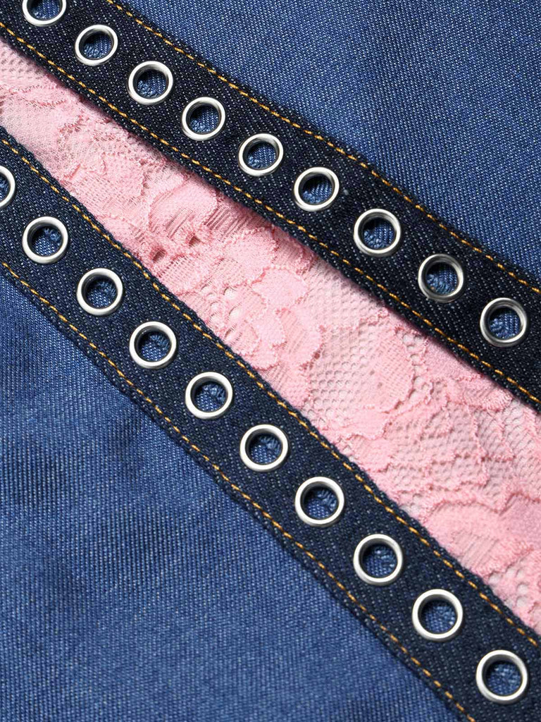 [Prévente] 2PCS Corset Denim Dentelle Bleu & Mini Jupe à Chaîne Années 1950 15