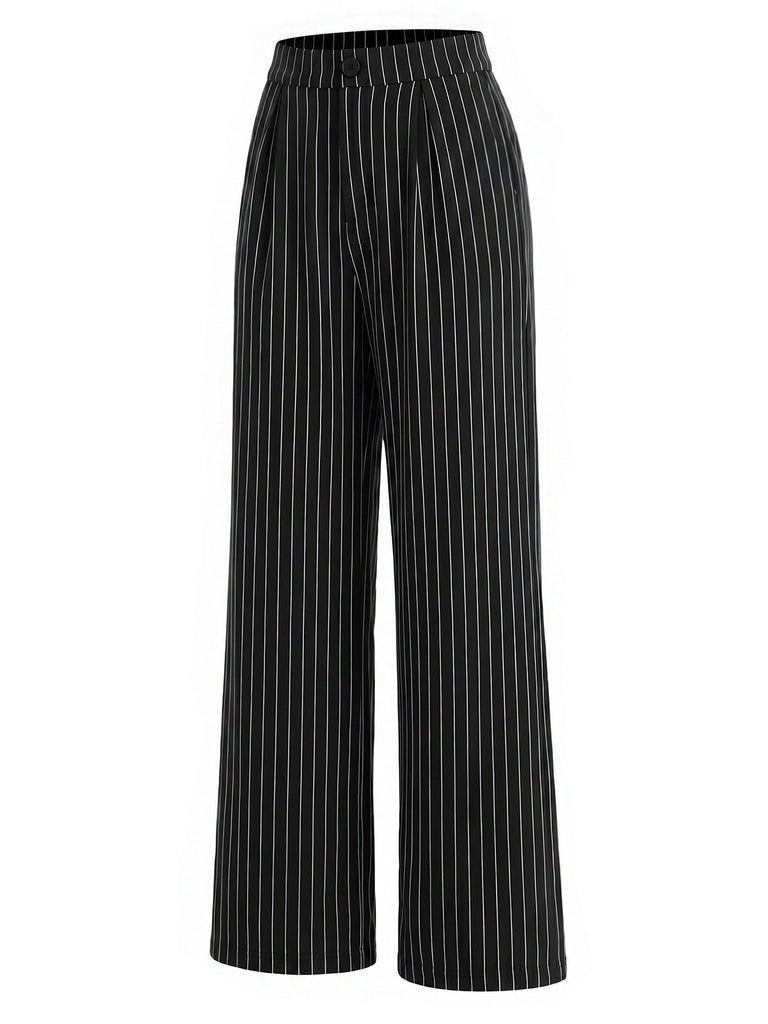 [Prévente] Pantalon à Taille Haute Tricoté à Fines Rayures Jambes Larges Noir Années 1930