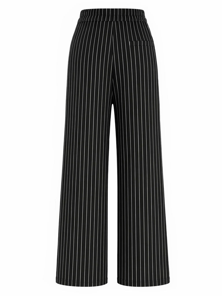 [Prévente] Top Asymétrique Tricoté à Fines Rayures et Pantalon à Jambes Larges Noir Années 1930