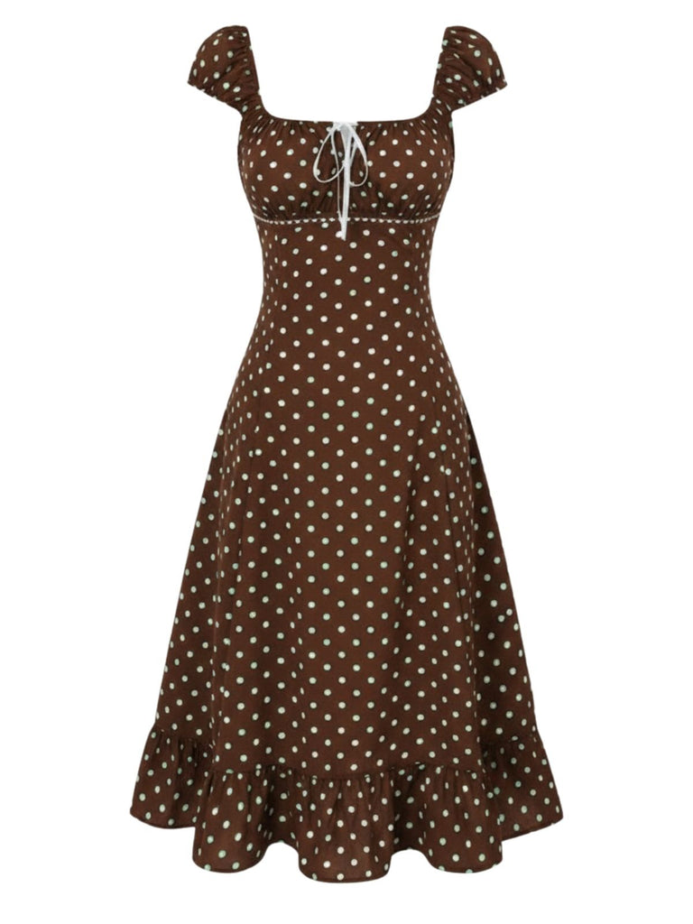 [Prévente] Robe à volants et col carré à pois brun années 1940